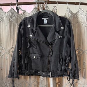 12th Tribe Black Jean Jacket with Lace-Up Details